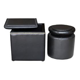 Global Distinctions Nailhead Ottoman Set, Black Faux Leather