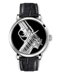 SPRAWL Aanalog Fashion Series Silver Ladies Watches of Genuine Black Leather Strap,Unique Wrist Watch for Women Girls Designed with Gun on black background