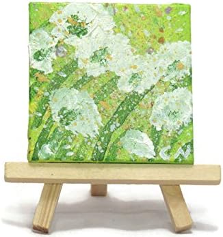 'Wishes in the Wind' is a Springtime view of dandelion puffs in acrylics on miniature canvas with wooden display easel.