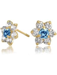 Bling Jewelry Kids Blue Topaz Color Safety Screw Back CZ Flower Studs 14k Gold