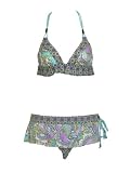 W Swim Aqua and Purple Paisley 2 Pc Bikini w/ Halter Top & Skirted Bottom (L)