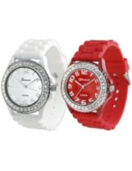 TWO (White & Red) Silicone Watch w/ Crystal Rhinestones Bezel Ceramic Look