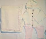 Knitted on Hand Knitting Machine Finished By Hand Crochet White Chenille Baby Pink Trim Infant Girls Outfit Cardigan Pant Hat Set Trimmed with Brass Teddy Bear Buttons and Matching Blanket