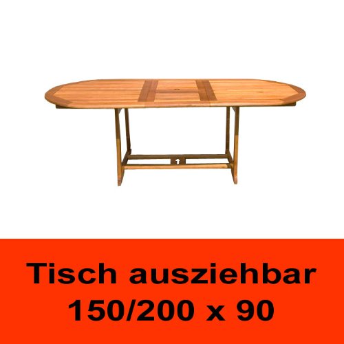 BALEA TB1 Gartentisch oval ausziehbar, 150 – 200 cm x 100 cm, ca 75 cm hoch, FSC Eukalyptus, geölt