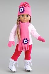 Ice Skating Fun - 6 piece gift set includes pink fleece blouse with stretchy leggings, hat, scarf, mittens and white ice skates - 18 Inch Doll Clothes