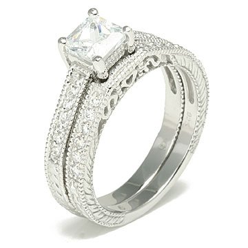 Sales Sterling Silver Cubic Zirconia CZ Vintage Wedding Ring Set