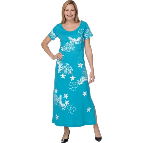 M.Mac's Sponge Flower Long Dress-Turquoise with White Print-Small