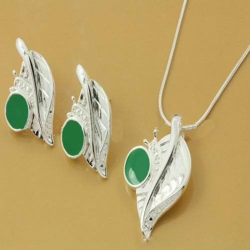 Green Roundness Silver Leaf Studs Earrings + Pendant Necklace