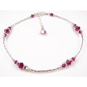 Ruby - July - Birthstone .925 Sterling Silver Swarovski Crystal Ankle Bracelets - Adjustable Birthstone Beaded Anklets