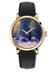 SPRAWL Aanalog Fashion Series Gold Ladies Watches of Genuine Black Leather Strap,Unique Wrist Watch for Women Girls Designed with Horses in the field