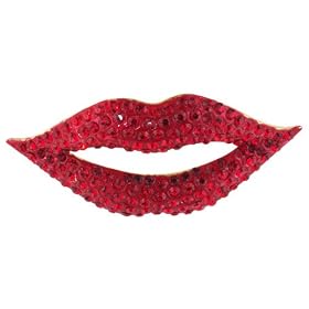 Luscious Bright Red Rhinestone Lips Pin Brooch by Pugster