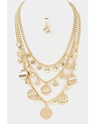 Jewelry: Trendy Fashion Jewelry Triple Layered Hammered Disk Coin Dangle Necklace Set By Fashion Destination / (Gold) - Fashion Destination
