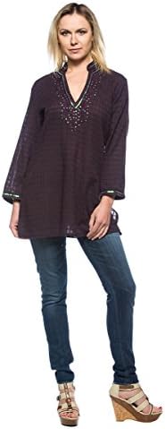 Women's Beaded Sequin Split V Neck Stand Collar Indian Kurti Cotton Top Blouse (Medium)