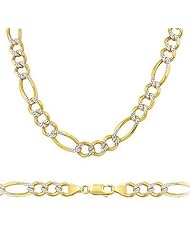 Solid 14k Yellow n White Gold Figaro Link Pave Chain 7mm 24"