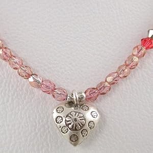 Sterling Silver Hill Tribe Heart Pendant with Floral Design with Pink Czechoslovakian Glass and Swarovski Crystal Bead Choker Necklace, 17" Length #9405