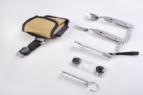 Voyage: Outil portatifs Multi-fonctions (6-en-1): Sifflet, Multi-Function ustensils de table (fourchette, couteau, ouvre-bouteille, cuillère), boussole / thermomètre, loupe, lampe de poche, crochet d'escalade, miroir, filet, Traveler1