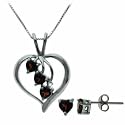 Sterling Silver Genuine Garnet Diamond Heart Pendant and Stud Earrings Set