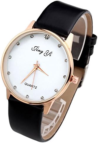 Top Plaza Women's Fashion Simple Watch, Black PU Leather Band, Gold Tone Case, White Face