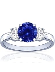 18K White Gold Round Cut Blue Sapphire Three Stone Ring