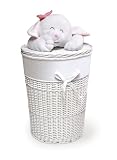 Badger Basket Company Round Hamper with Lid with Smile Plush Animal in White