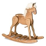 FireSkape Medium Deluxe Amish Crafted Solid Oak Natural Finished Rocking Horse with White Mane