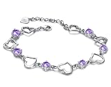 Rhodium White Gold Plated Bracelet for Women Open Heart Link Womens Bracelet with Diamond Cut Clear Purple Champagne Ruby Red Amthyst or Yellow Topaz Austrian CZ Crystal Bracelet 7" Long with 1.5" Extender