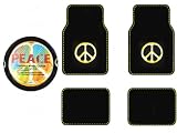 A Set of 4 Universal Fit Peace Sign Symbol Yellow Plush Carpet Floor Mats and 1 Comfort Grip Steering Wheel Cover