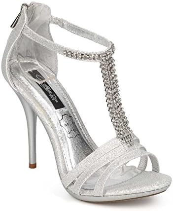 Cathy Din EC38 Women Glitter Open Toe Rhinestone T-Strap Formal Stiletto Sandal - Silver (Size: 9.0)