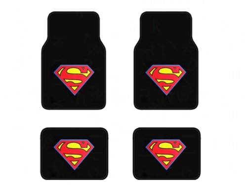  A Set of 4 Universal Fit Front and Rear Logo Plush Carpet Floor Mats - Superman Classic Red and Yellow Shield