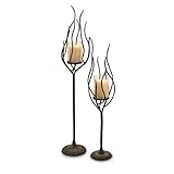 IMAGE OF Set of 2 Metal Flame Sculpted Glass Pillar Candle Holders 34