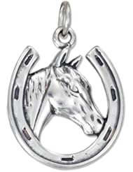 Sterling Silver Antiqued Horse Head in Horseshoe Charm