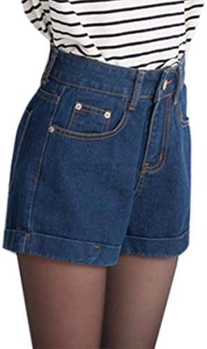 Women Retro Girl High Waisted Boyfriend Jeans Shorts Dark Blue Large2(waist 32")