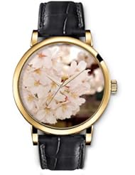 SPRAWL Aanalog Fashion Series Gold Ladies Watches of Genuine Black Leather Strap,Unique Wrist Watch for Women Girls Designed with Bouquet of white flowers