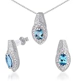 One of a Kind 3.00 carats Marquise Checkerboard Shape London Blue Topaz Pendant Earrings Set in Sterling Silver
