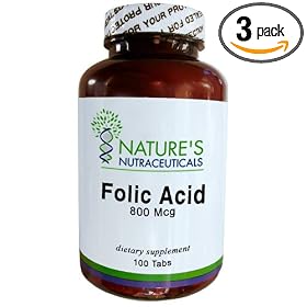 Nature's Nutraceuticals Folic Acid 800 Mcg  Tablets, 100-Count Bottle (Pack of 3)