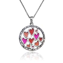 Sterling Silver Marcasite & Red Epoxy Hearts Circle Pendant, 18"