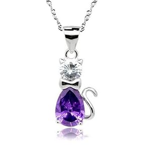 Rhodium Plated 925 Sterling Silver Purple Swarovski Cubic Zirconia Cat Pendant Necklace with Sterling Silver Chain