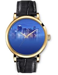 SPRAWL Aanalog Fashion Series Gold Ladies Watches of Genuine Black Leather Strap,Unique Wrist Watch for Women Girls Designed with light city