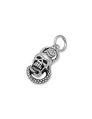 Sterling Silver Snake Skull Head Pendant Fashion Biker Charm Pure 925 New 24mm with 1mm Ball Bead Chain