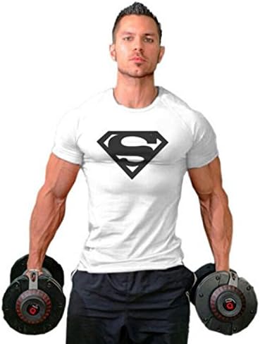 HJJQ Men Superman Sport Gym White T-Shirt Bodybuilding Fittness Cotton Shirt M