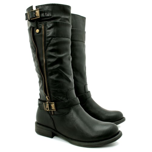 Spy Love Buy Ladies Leather Style Biker Buckle Zip Knee Boots Destiny