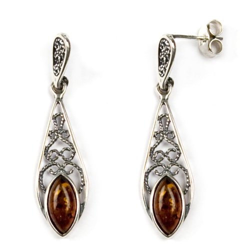 Sterling Silver and Honey Amber Victorian Earrings