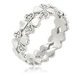 White Gold Rhodium Bonded to .925 Sterling Silver Heart Formed Clover Eternity Ring with Prong Set Small Round Cut Clear CZ in 2 Hearts of 3 Clovers and Set in Silvertone