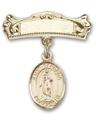 Gold Filled Baby Badge with St. Barbara Charm and Arched Polished Badge Pin, Patron Saint (Patronage) invoked in times of danger from thunderstorms, fires & sudden death. Patron of Architects & Builders, Fire Fighters, Gunners, Prisoners & Stonemasons.