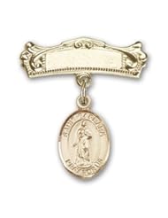 14kt Gold Baby Badge with St. Barbara Charm and Arched Polished Badge Pin