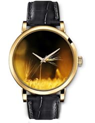 SPRAWL Aanalog Fashion Series Gold Ladies Watches of Genuine Black Leather Strap,Unique Wrist Watch for Women Girls Designed with Paddy field