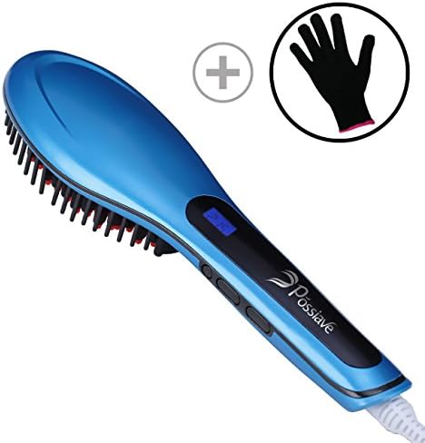 Possiave Blue Hair Straightener Brush,Magic Silky Straight Hair Styling, Anion Hair Care,Anti Static Ceramic/Scald, Zero Damage,Massage Straightening /Detangling Hair Brush with Heat Resistant Glove
