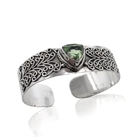 12mm Trillion Genuine Prasiolite Green Amethyst Sterling Silver Cuff Bracelet by