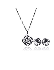Nickel Free Sterling Silver Pendant & Earring Sets Black Rhodium Outline Flower CZ Set