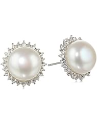 Sterling Silver, White Topaz, and Freshwater Cultured Pearl (11.5-12mm) Stud Earrings